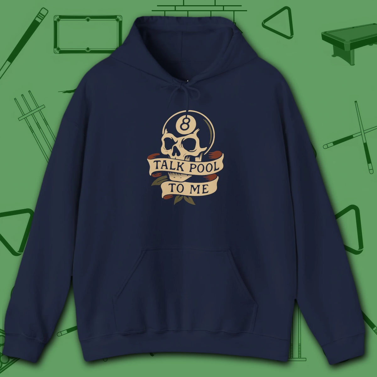 Talk Pool to Me Hoodie, in Navy color, billiards hoodie, front view