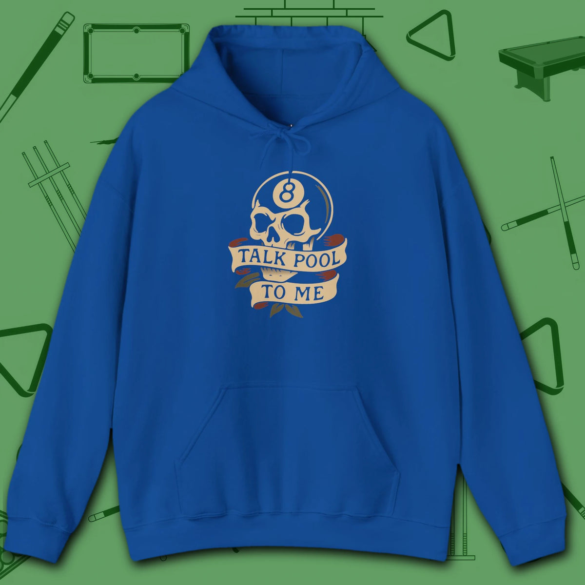 Talk Pool to Me Hoodie, in Royal color, billiards hoodie, front view