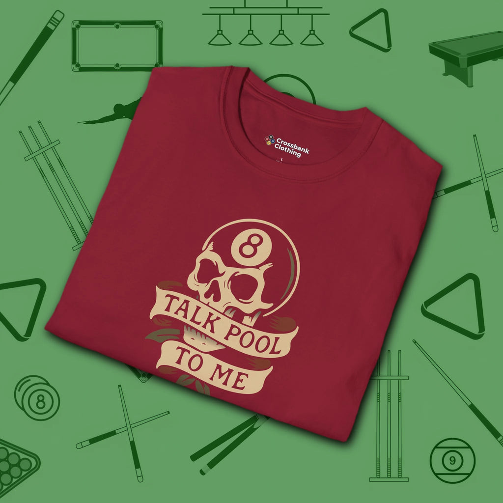 Talk Pool to Me T-Shirt, in Cardinal Red color, billiards shirt, folded view