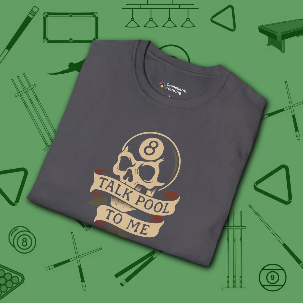 Talk Pool to Me T-Shirt, in Charcoal color, billiards shirt, folded view