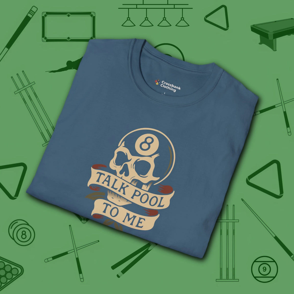 Talk Pool to Me T-Shirt, in Indigo Blue color, billiards shirt, folded view