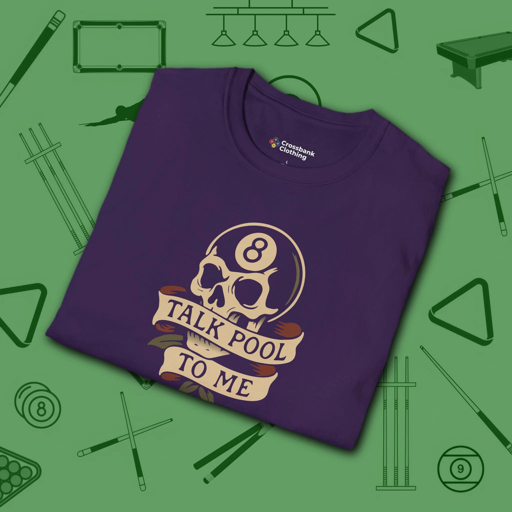 Talk Pool to Me T-Shirt, in Purple color, billiards shirt, folded view