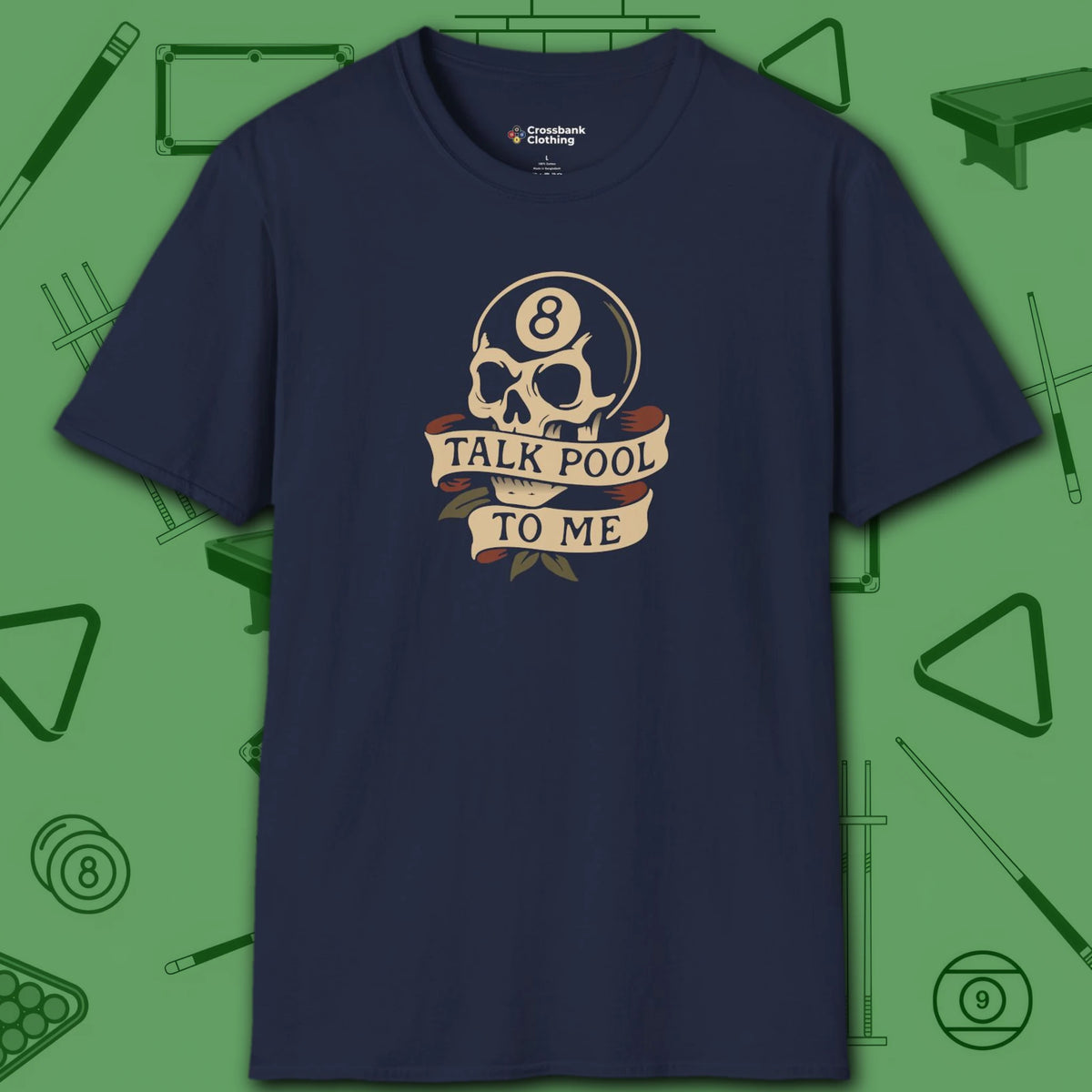 Talk Pool to Me T-Shirt, in Navy color, billiards shirt, front view