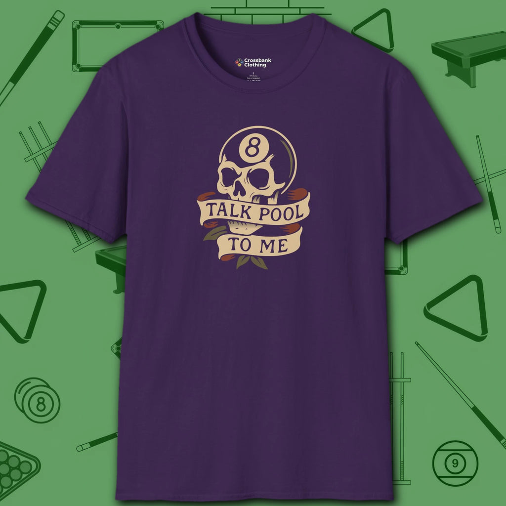 Talk Pool to Me T-Shirt, in Purple color, billiards shirt, front view