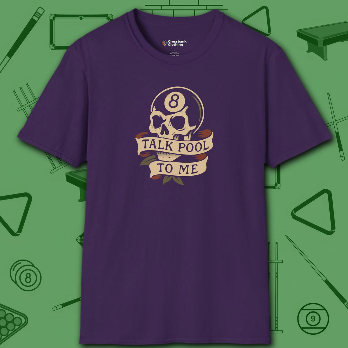 Talk Pool to Me T-Shirt, in Purple color, billiards shirt, front view