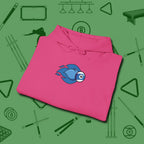 Ten Ball Flames Hoodie, folded view, in Heliconia built for bold breaks and quiet confidence
