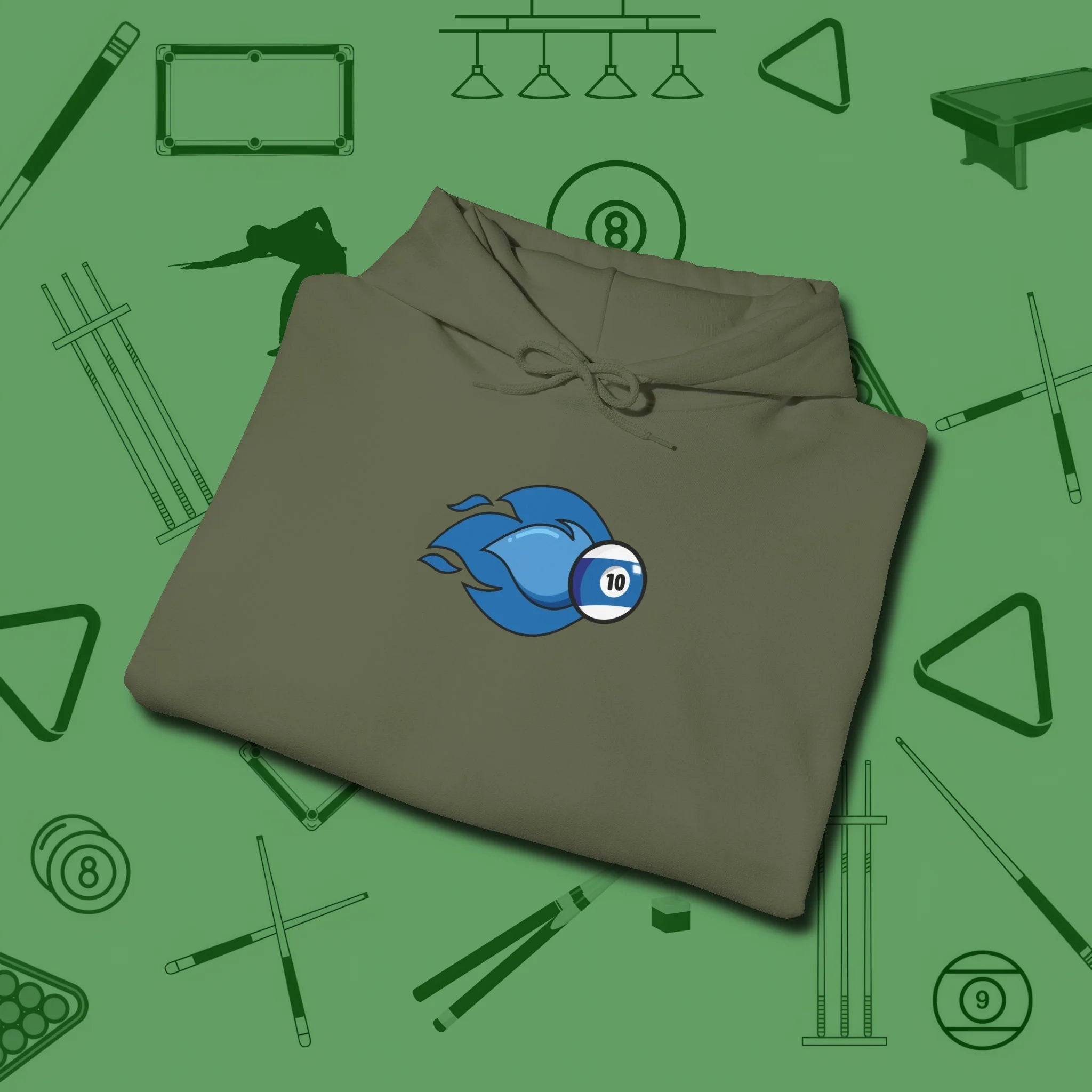 Ten Ball Flames Hoodie, folded view, in Military Green a clean fit for the dirtiest safeties