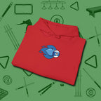 Ten Ball Flames Hoodie, folded view, in Red style that banks as hard as you do