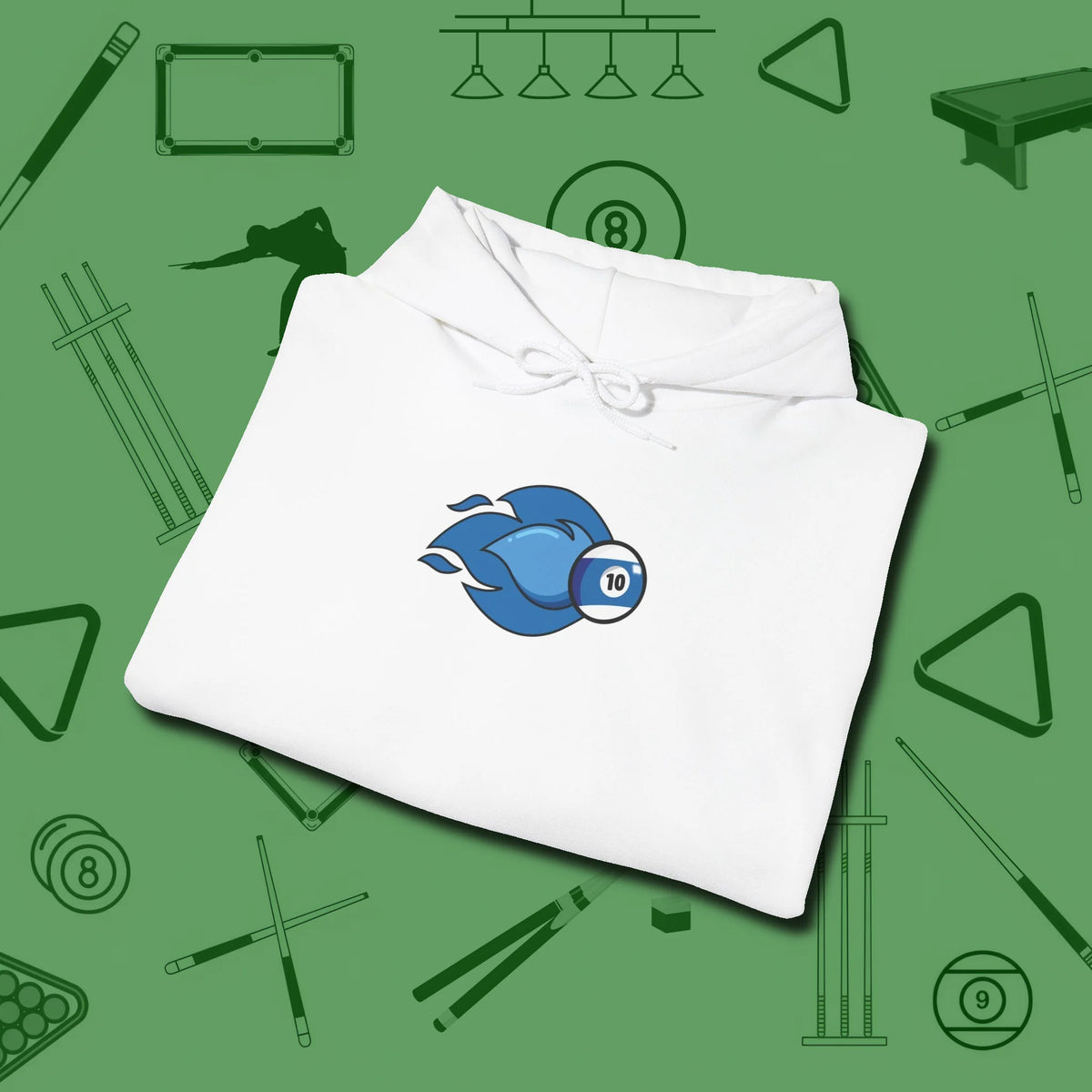 Ten Ball Flames Hoodie, folded view, in White where style and cue discipline collide