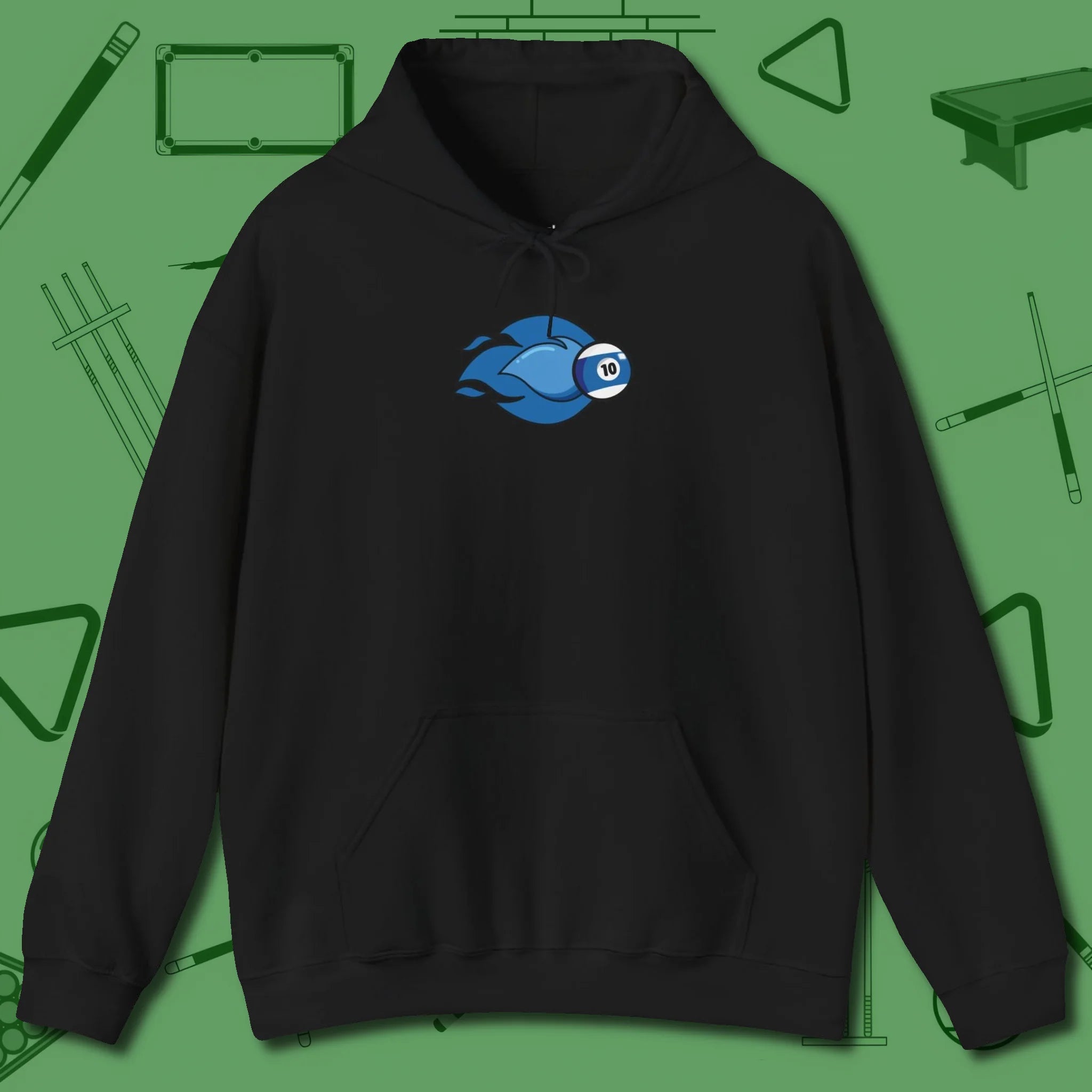 Ten Ball Flames Hoodie, front view, in Black made for pool sharks, not posers
