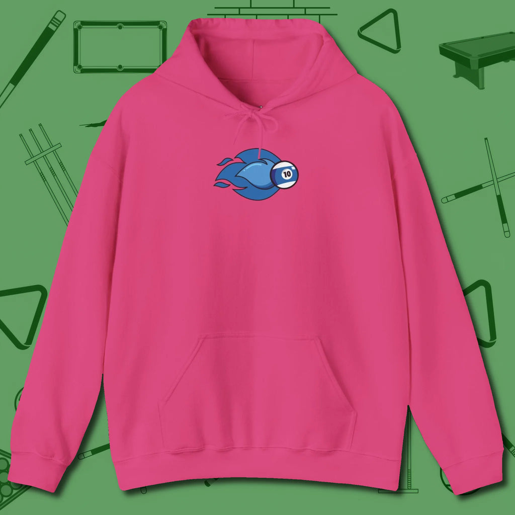 Ten Ball Flames Hoodie, front view, in Heliconia built for bold breaks and quiet confidence