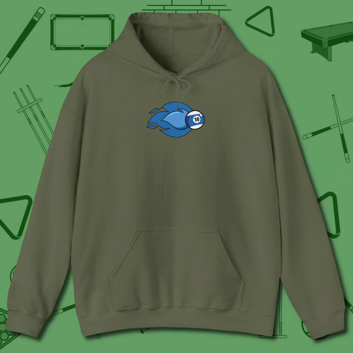 Ten Ball Flames Hoodie, front view, in Military Green play in style, win in silence