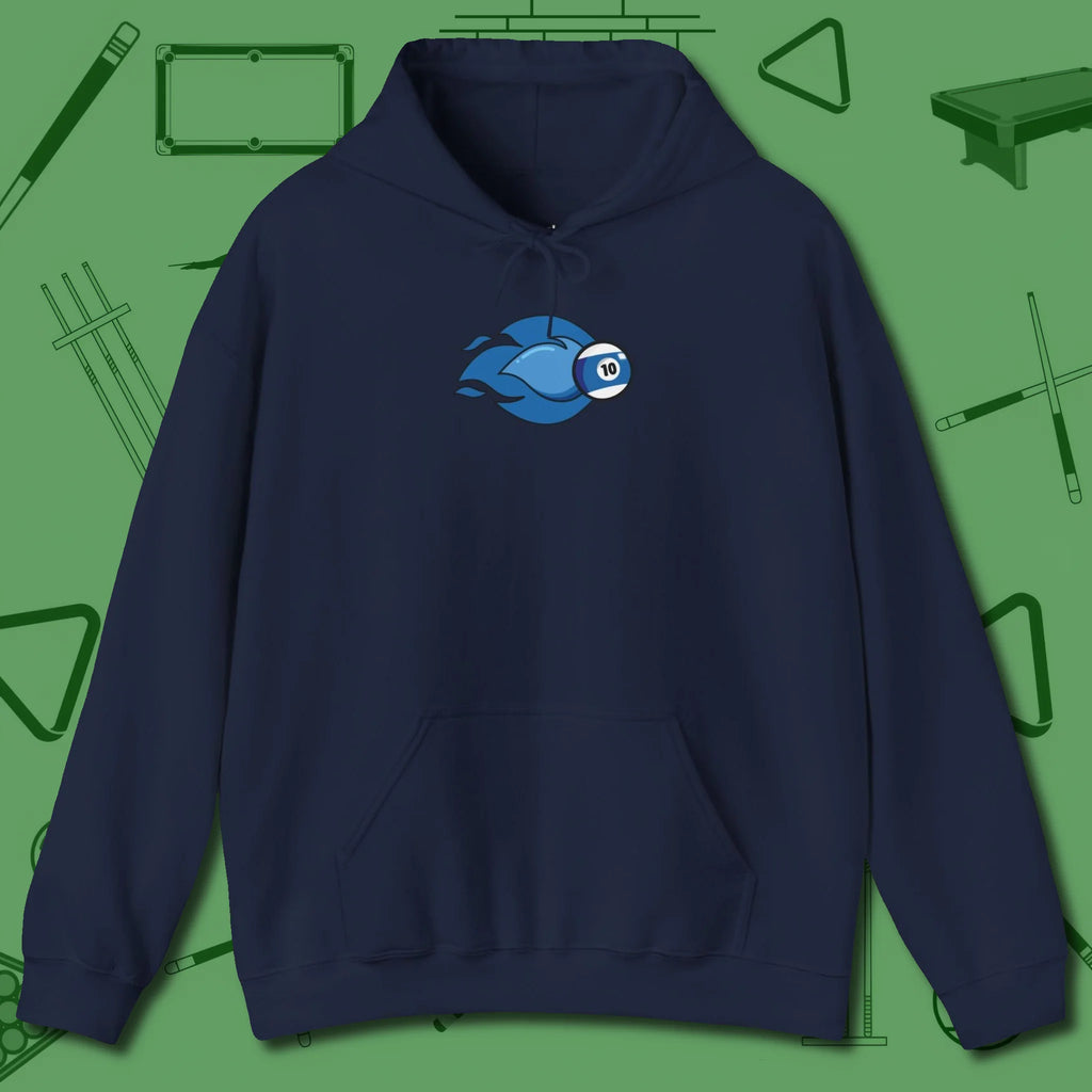 Ten Ball Flames Hoodie, front view, in Navy for players who live the game