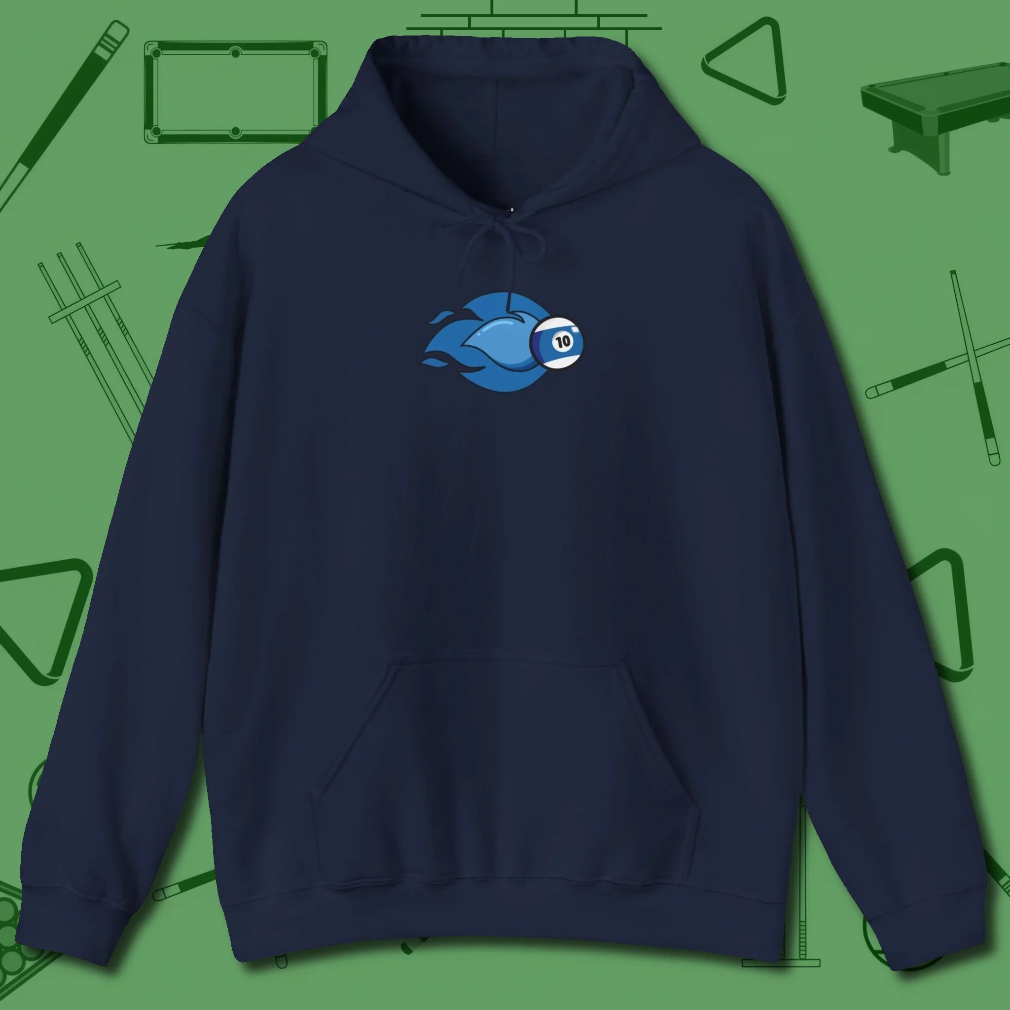 Ten Ball Flames Hoodie, front view, in Navy for players who live the game