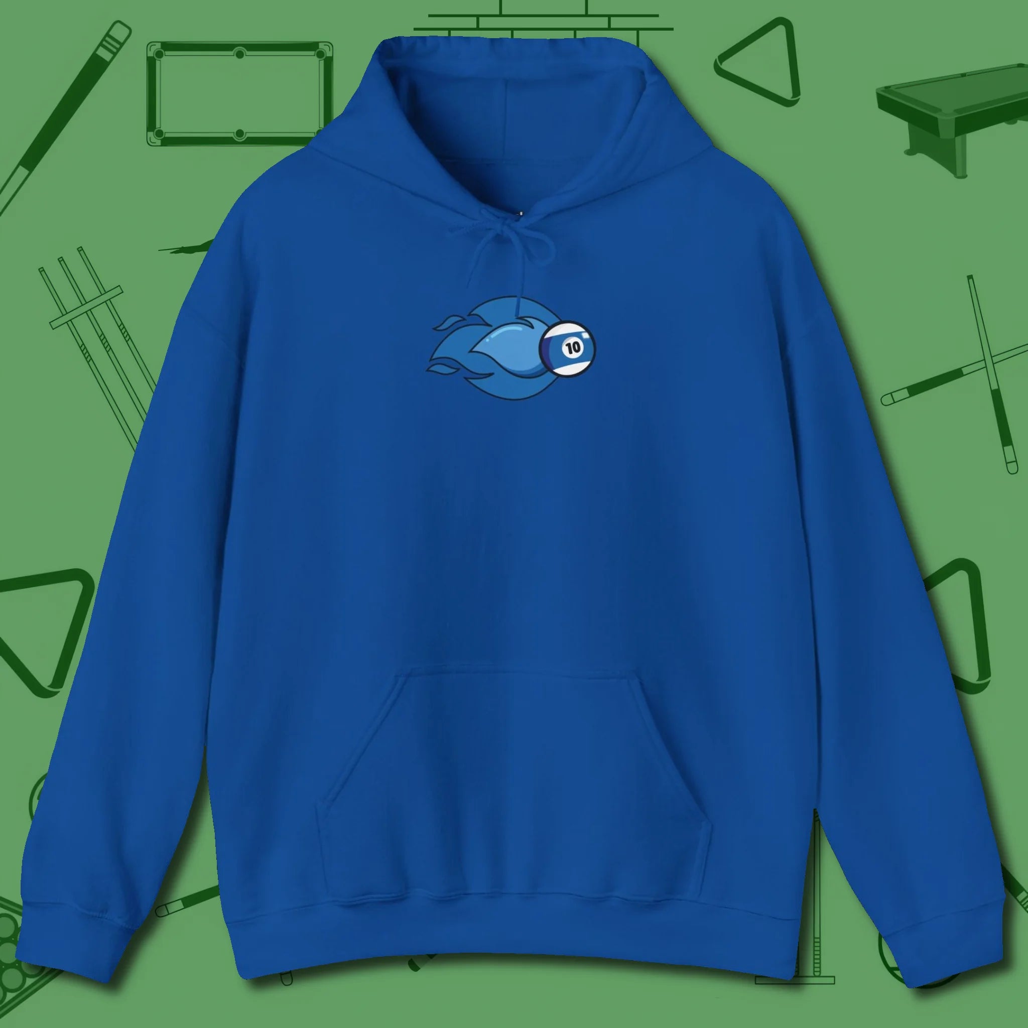 Ten Ball Flames Hoodie, front view, in Royal tough like your favorite break cue