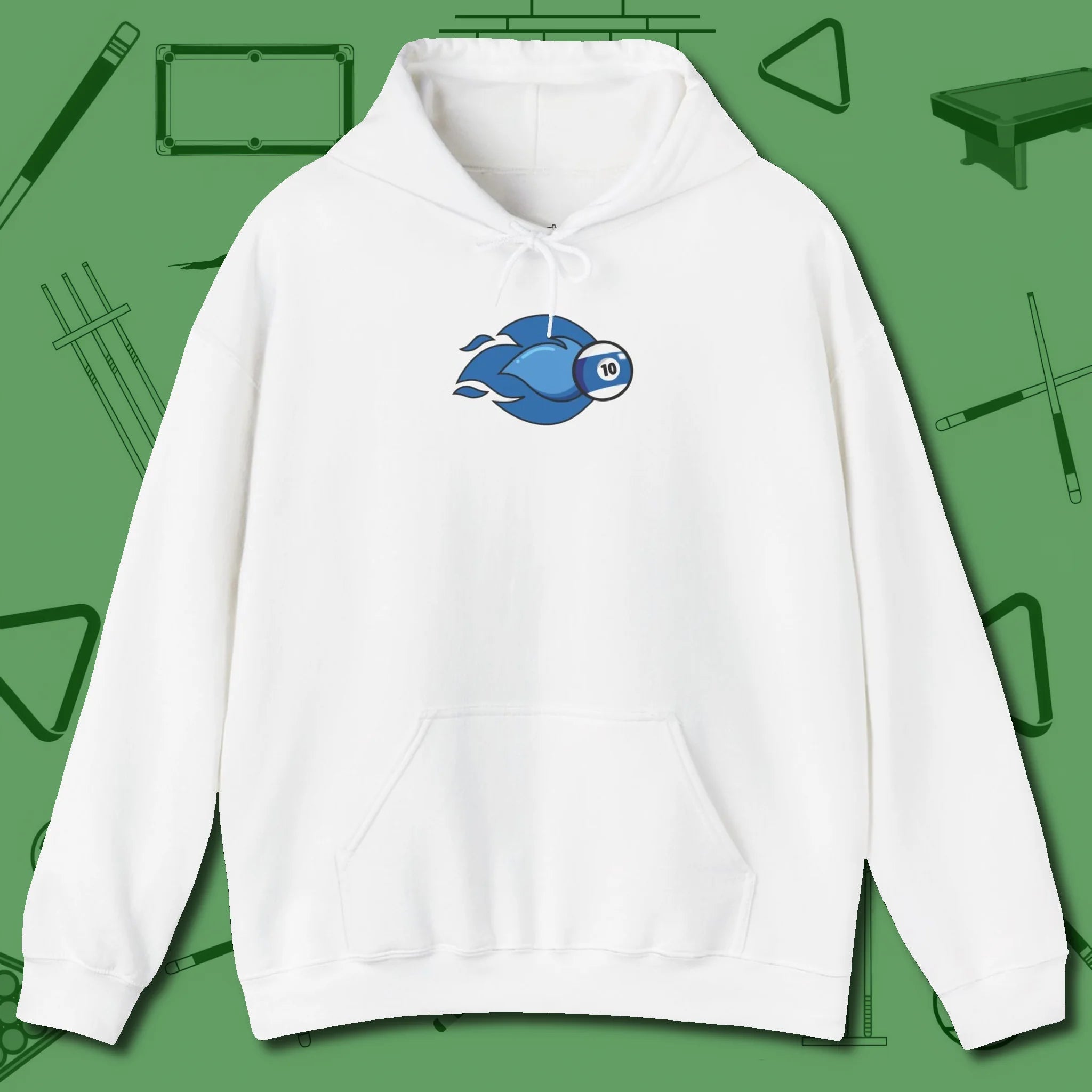 Ten Ball Flames Hoodie, front view, in White for hustlers who keep it honest