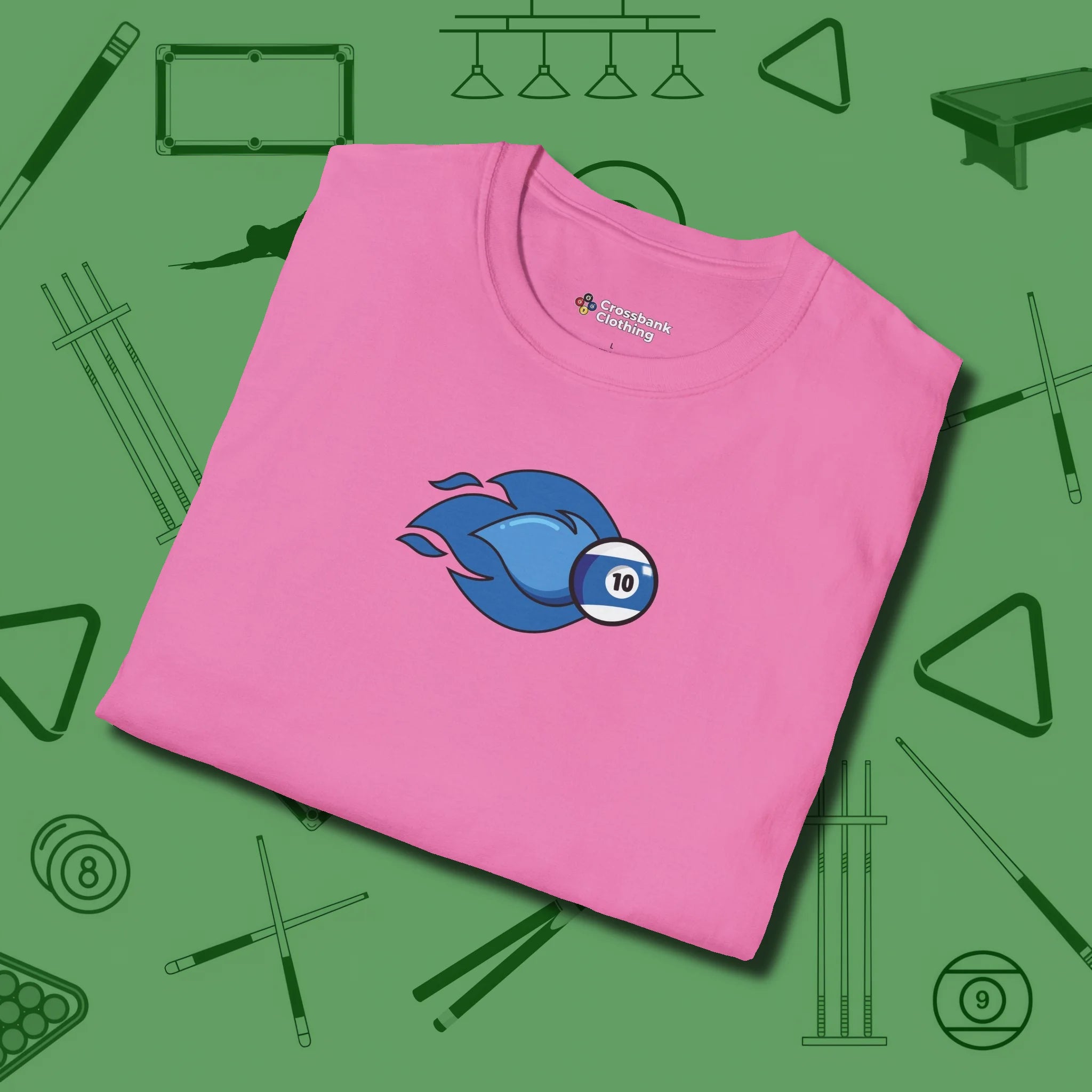 Ten Ball Flames T-Shirt, folded view, in Azalea put your best game on display