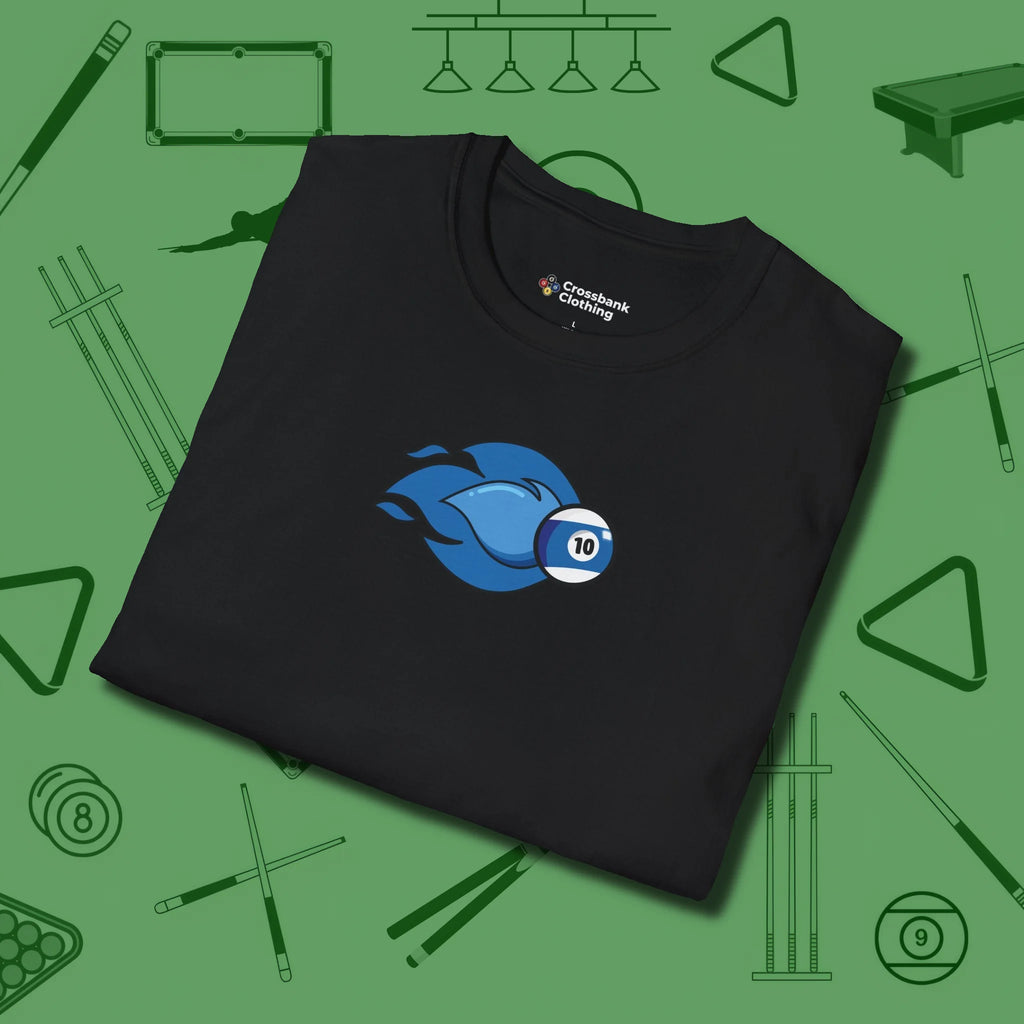 Ten Ball Flames T-Shirt, folded view, in Black for hustlers who keep it honest