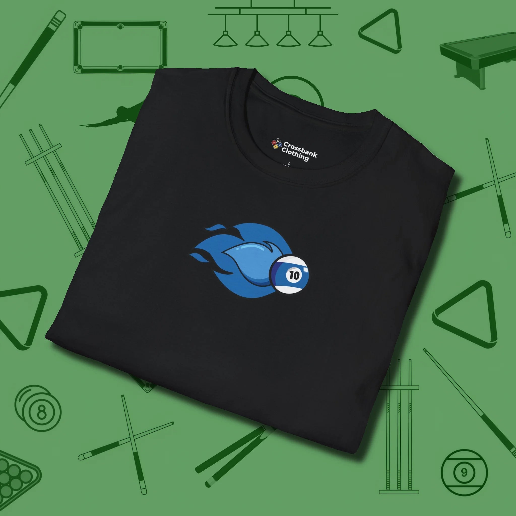 Ten Ball Flames T-Shirt, folded view, in Black for hustlers who keep it honest
