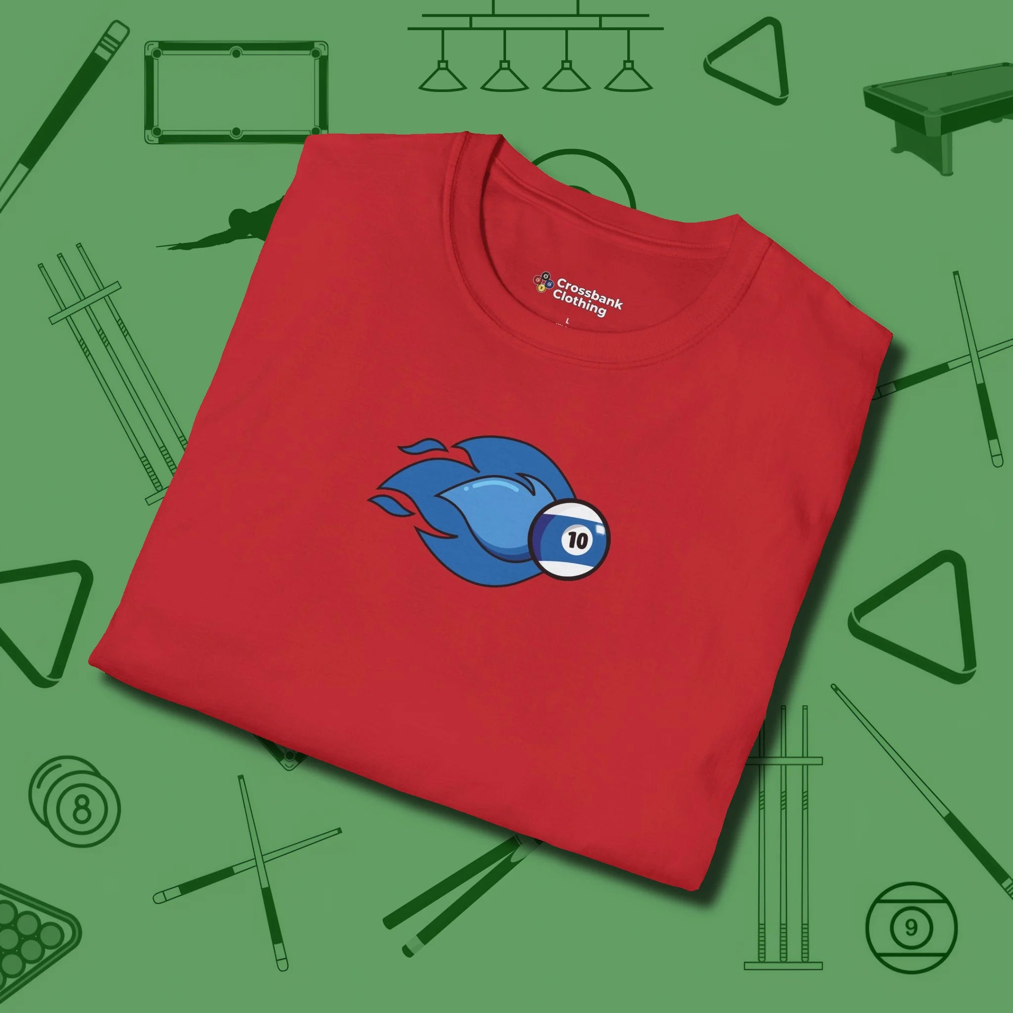 Ten Ball Flames T-Shirt, folded view, in Red subtle drip for serious shooters
