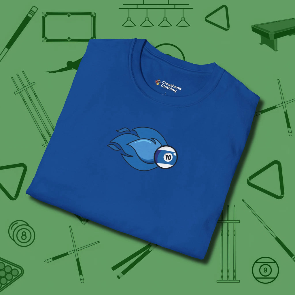 Ten Ball Flames T-Shirt, folded view, in Royal what champions wear between racks