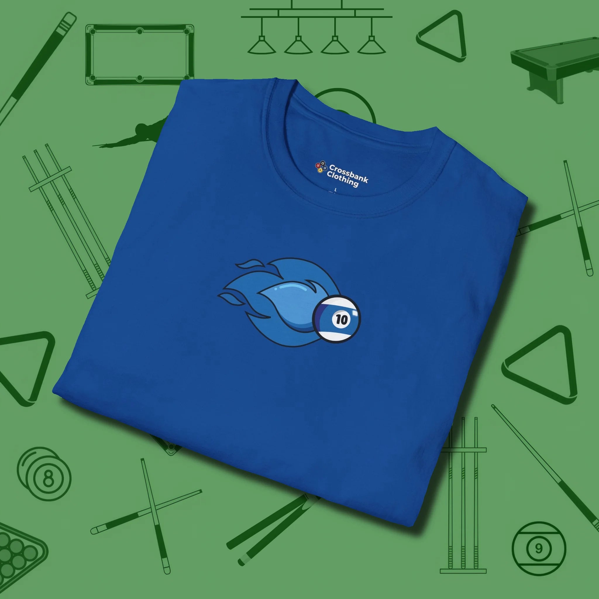 Ten Ball Flames T-Shirt, folded view, in Royal what champions wear between racks