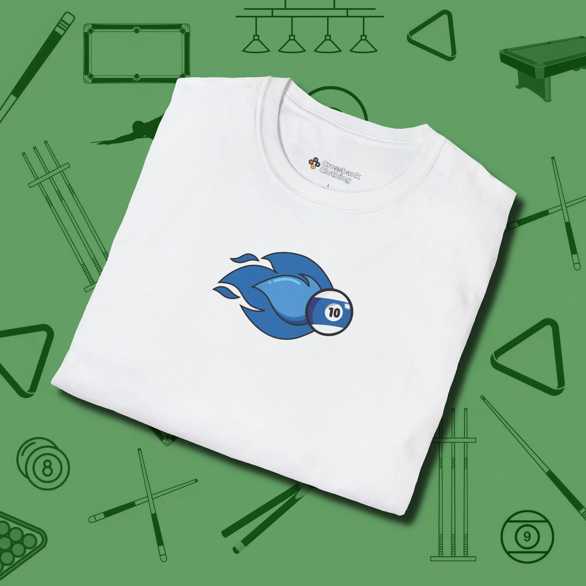 Ten Ball Flames T-Shirt, folded view, in White play in style, win in silence