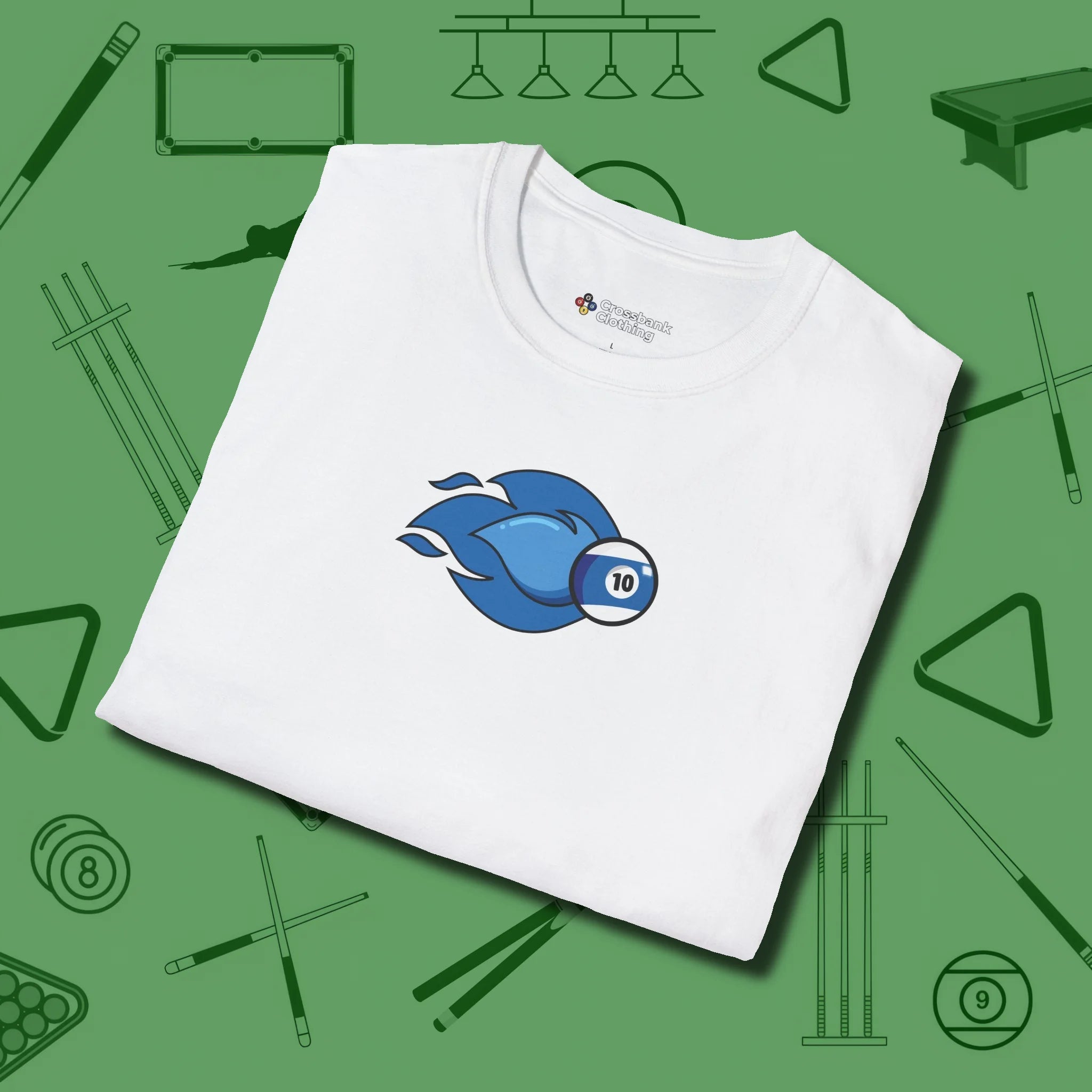 Ten Ball Flames T-Shirt, folded view, in White play in style, win in silence