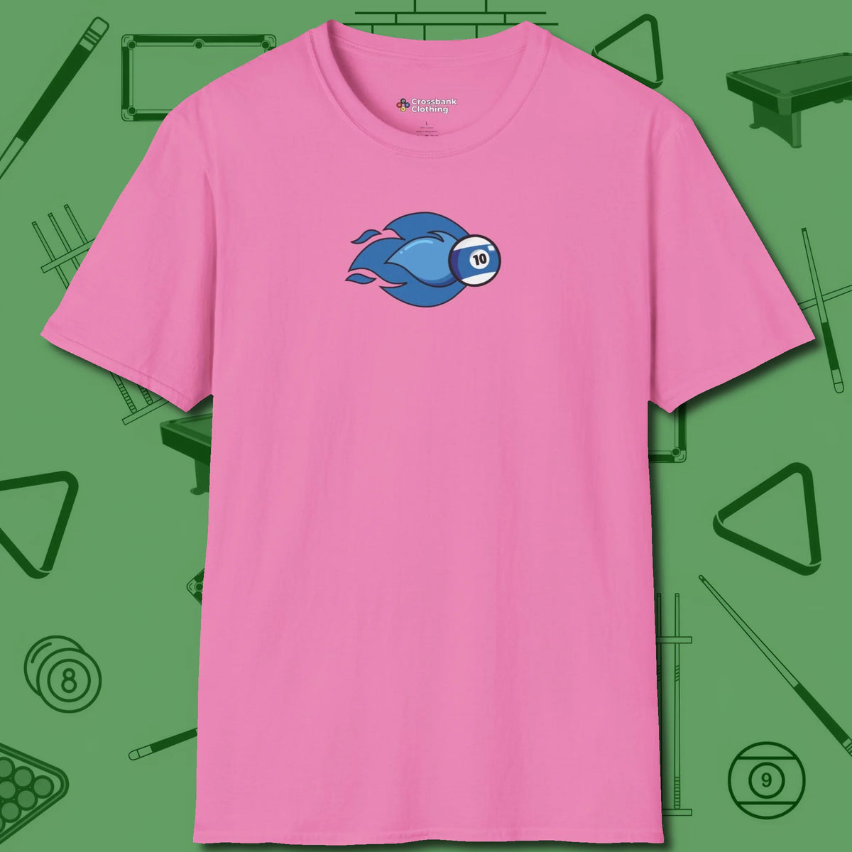 Ten Ball Flames T-Shirt, front view, in Azalea cue sports swagger done right