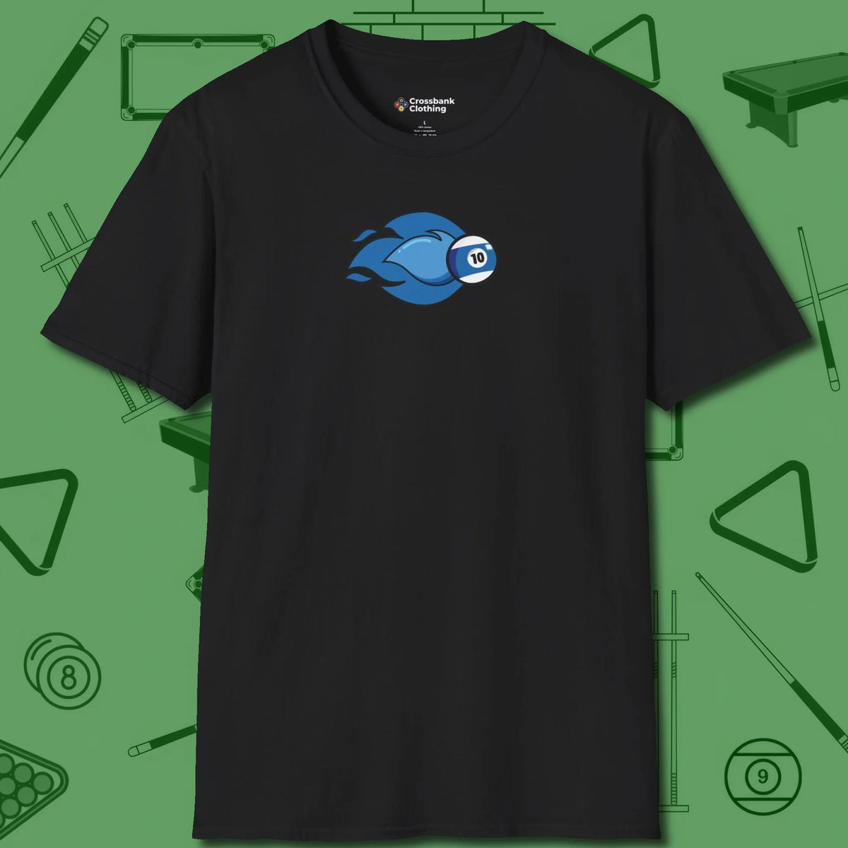 Ten Ball Flames T-Shirt, front view, in Black what the real shooters wear