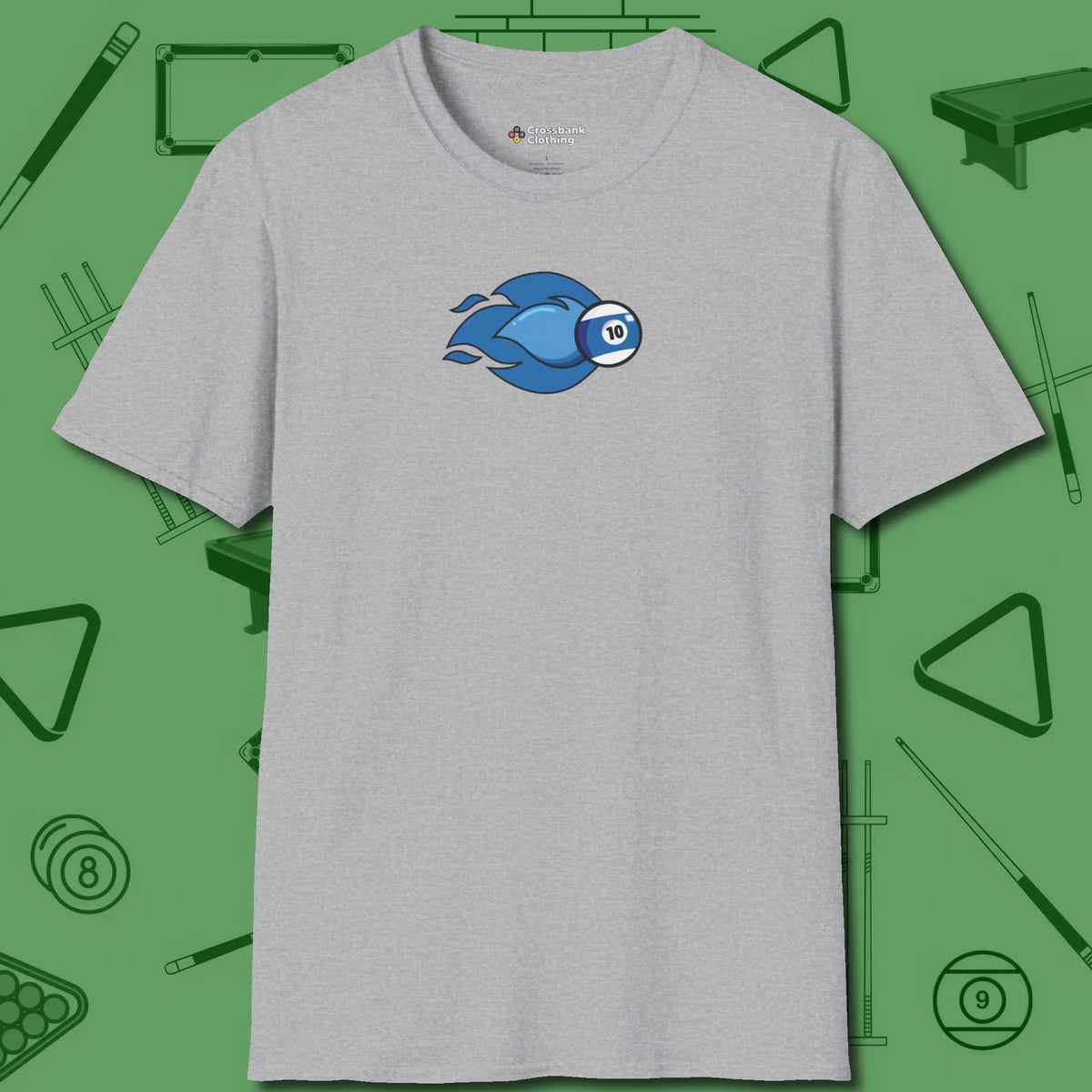 Ten Ball Flames T-Shirt, front view, in Sport Grey the shirt that plays position