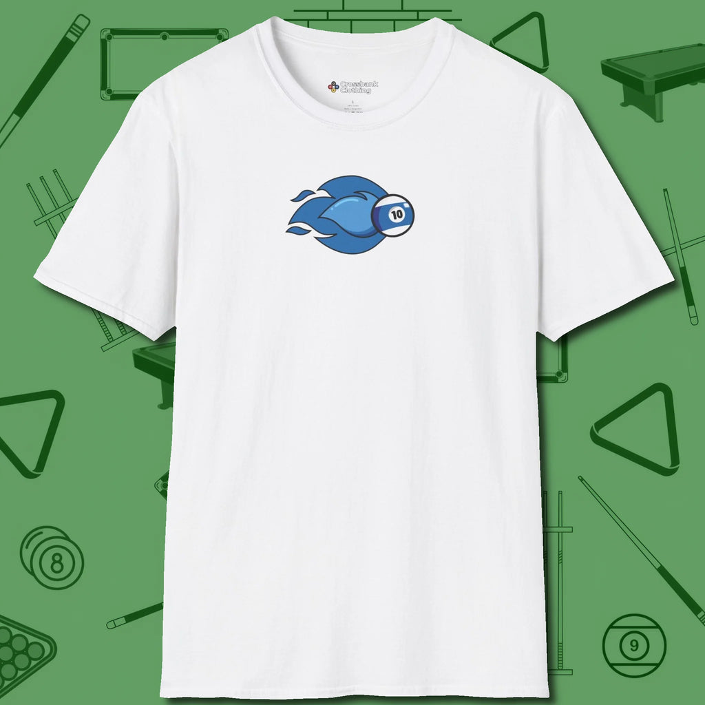 Ten Ball Flames T-Shirt, front view, in White where cue control meets personal style