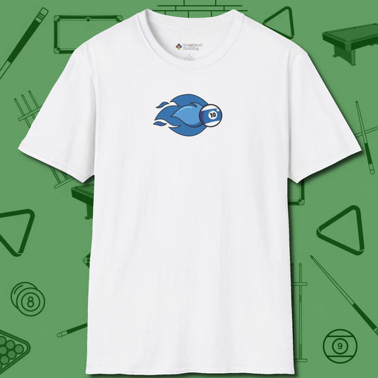 Ten Ball Flames T-Shirt, front view, in White where cue control meets personal style