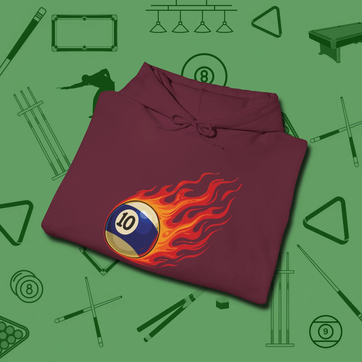 Ten Ball Inferno Hoodie, folded view, in Maroon cool under pressure, hot on the eyes