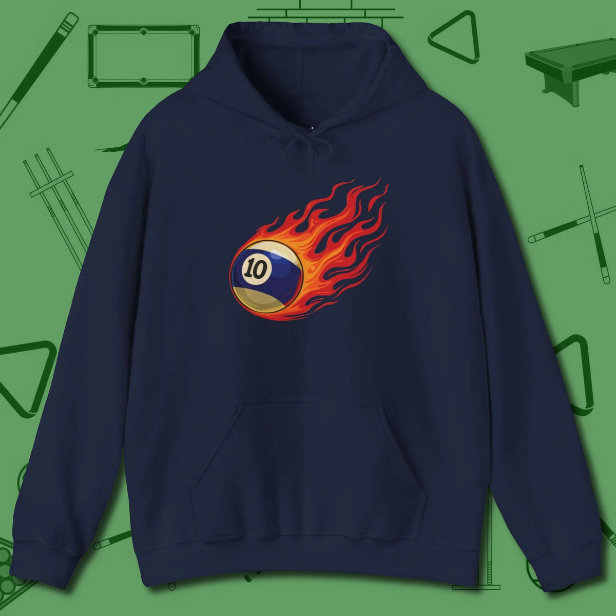 Ten Ball Inferno Hoodie, front view, in Navy put your best game on display