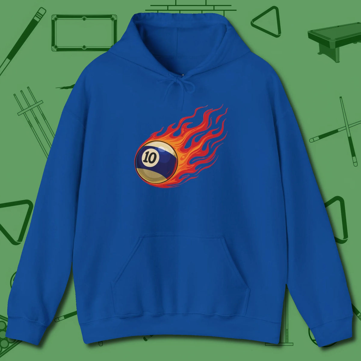 Ten Ball Inferno Hoodie, front view, in Royal precise, confident, always in control