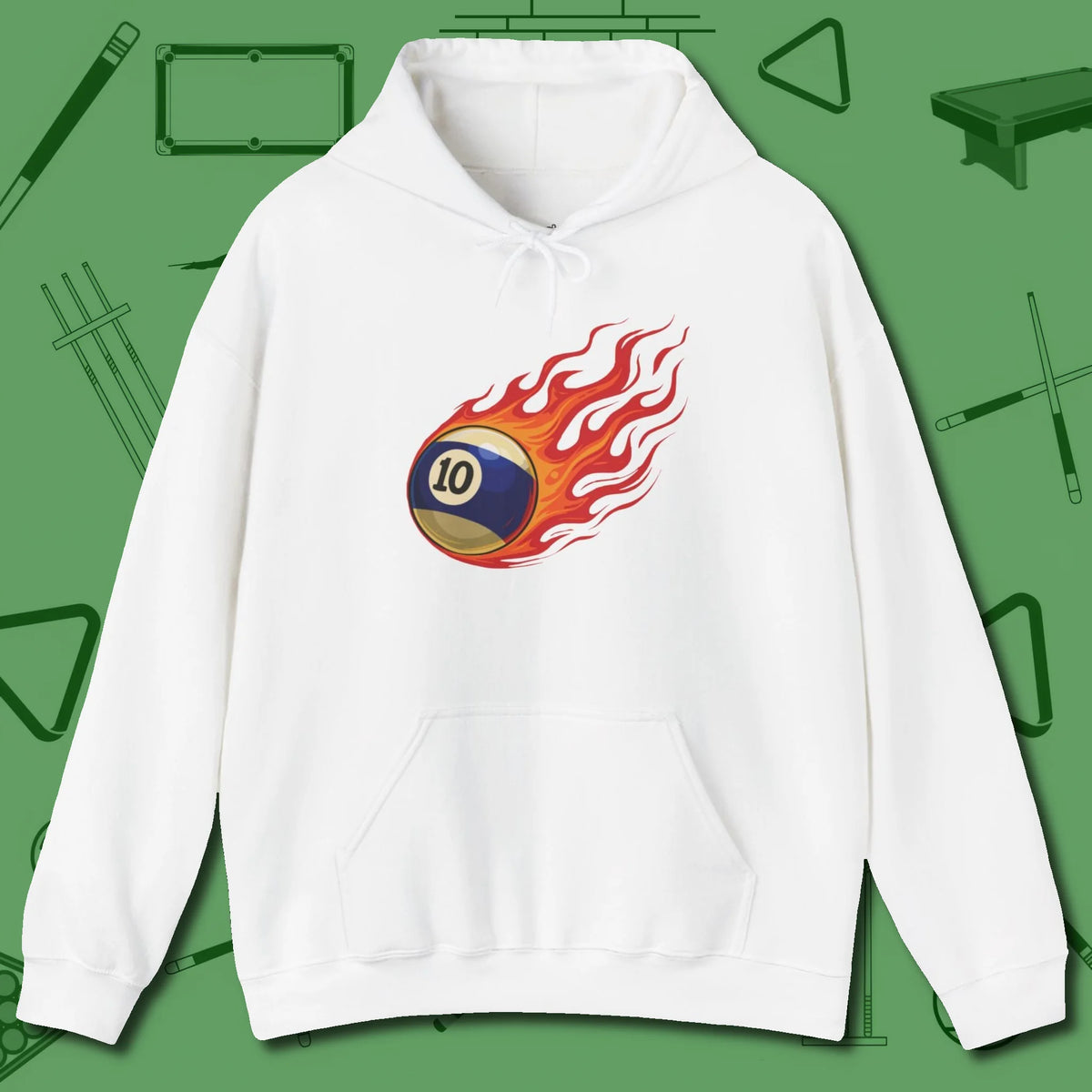 Ten Ball Inferno Hoodie, front view, in White for shooters who dress like they play: sharp