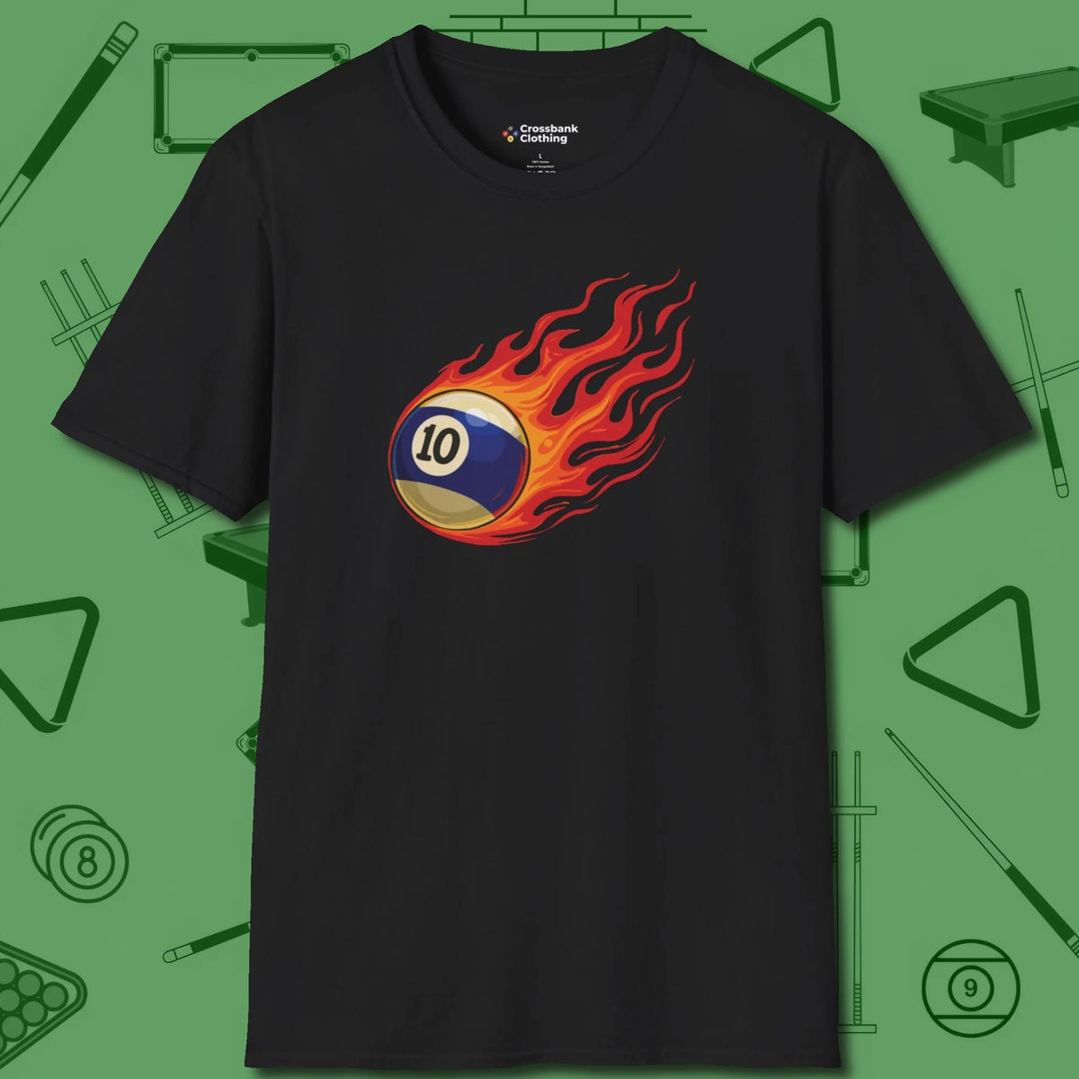 Ten Ball Inferno T-Shirt, front view, in Black smart apparel for strategic players