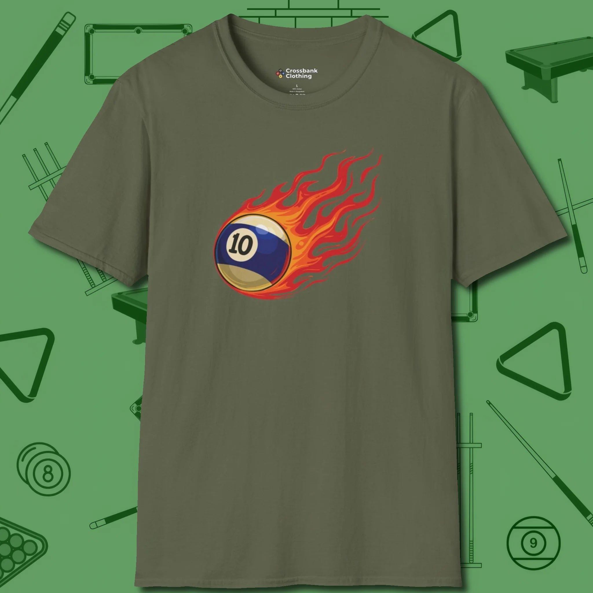 Ten Ball Inferno T-Shirt, front view, in Military Green smart apparel for strategic players