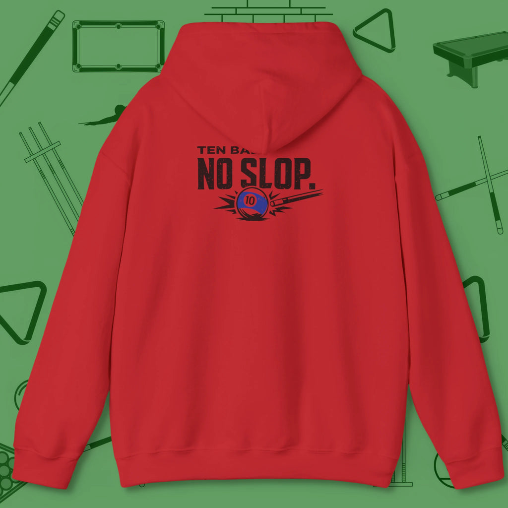 Ten Ball No Slop Billiards Hoodie, in Red color, pool hoodie, back view