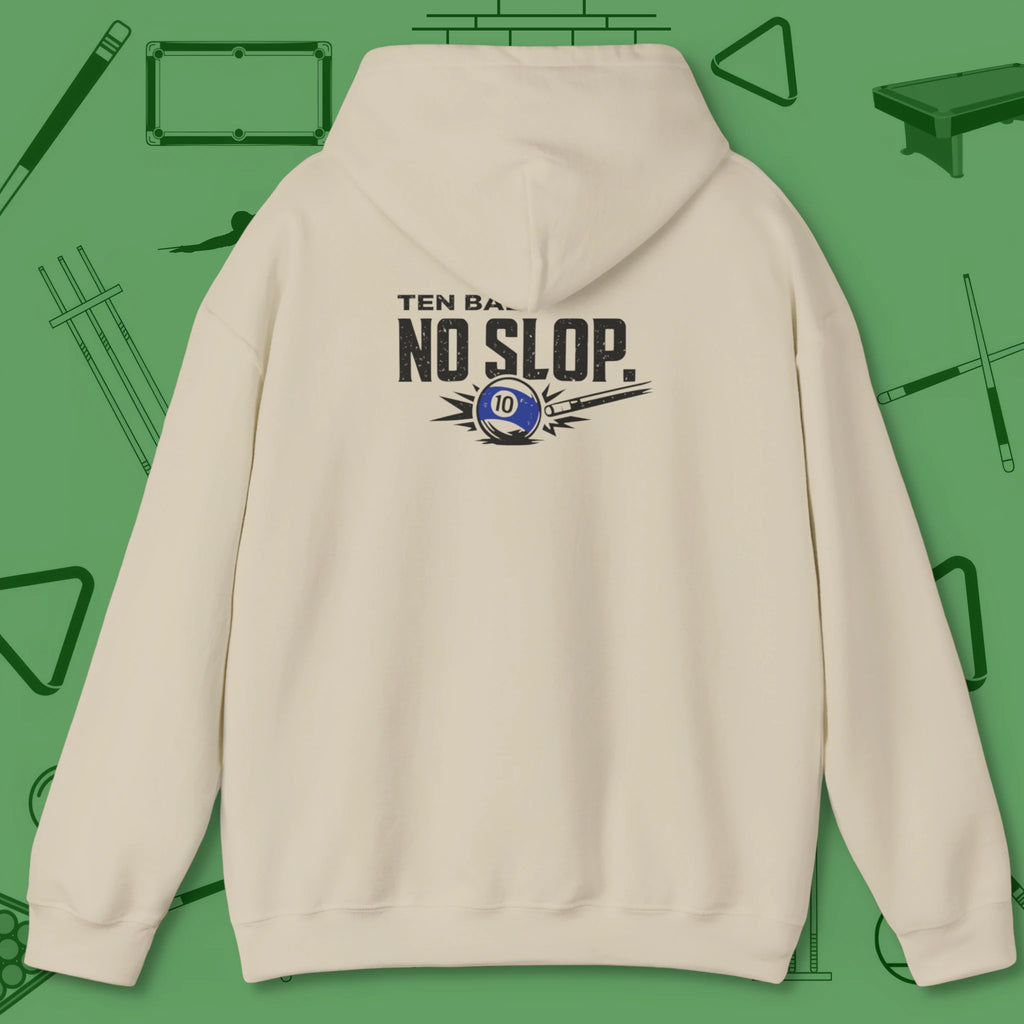 Ten Ball No Slop Billiards Hoodie, in Sand color, pool hoodie, back view