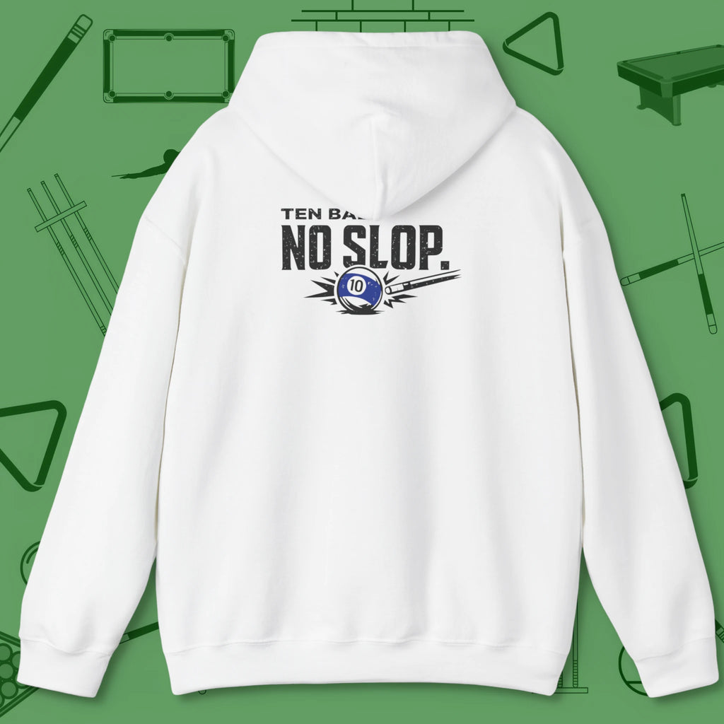 Ten Ball No Slop Billiards Hoodie, in White color, pool hoodie, back view