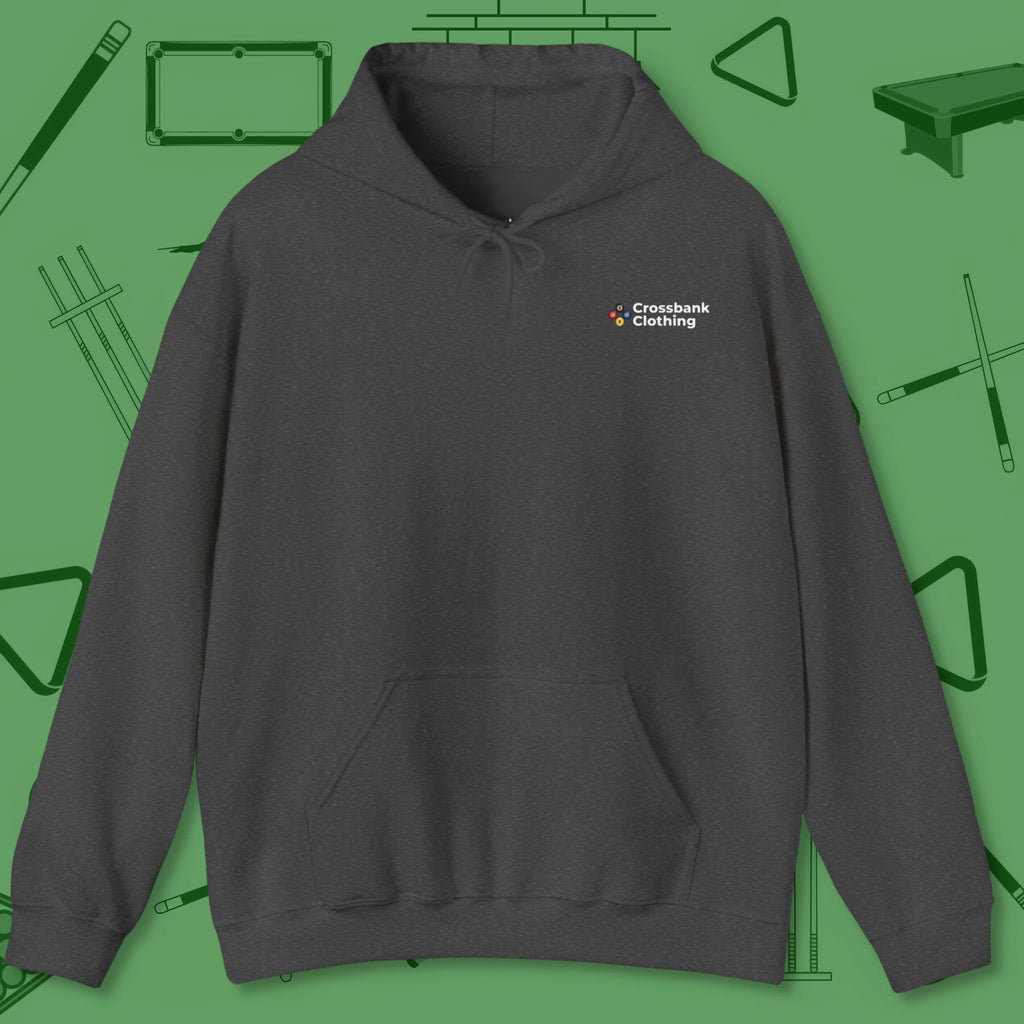 Ten Ball No Slop Billiards Hoodie, in Dark Heather color, pool hoodie, front view
