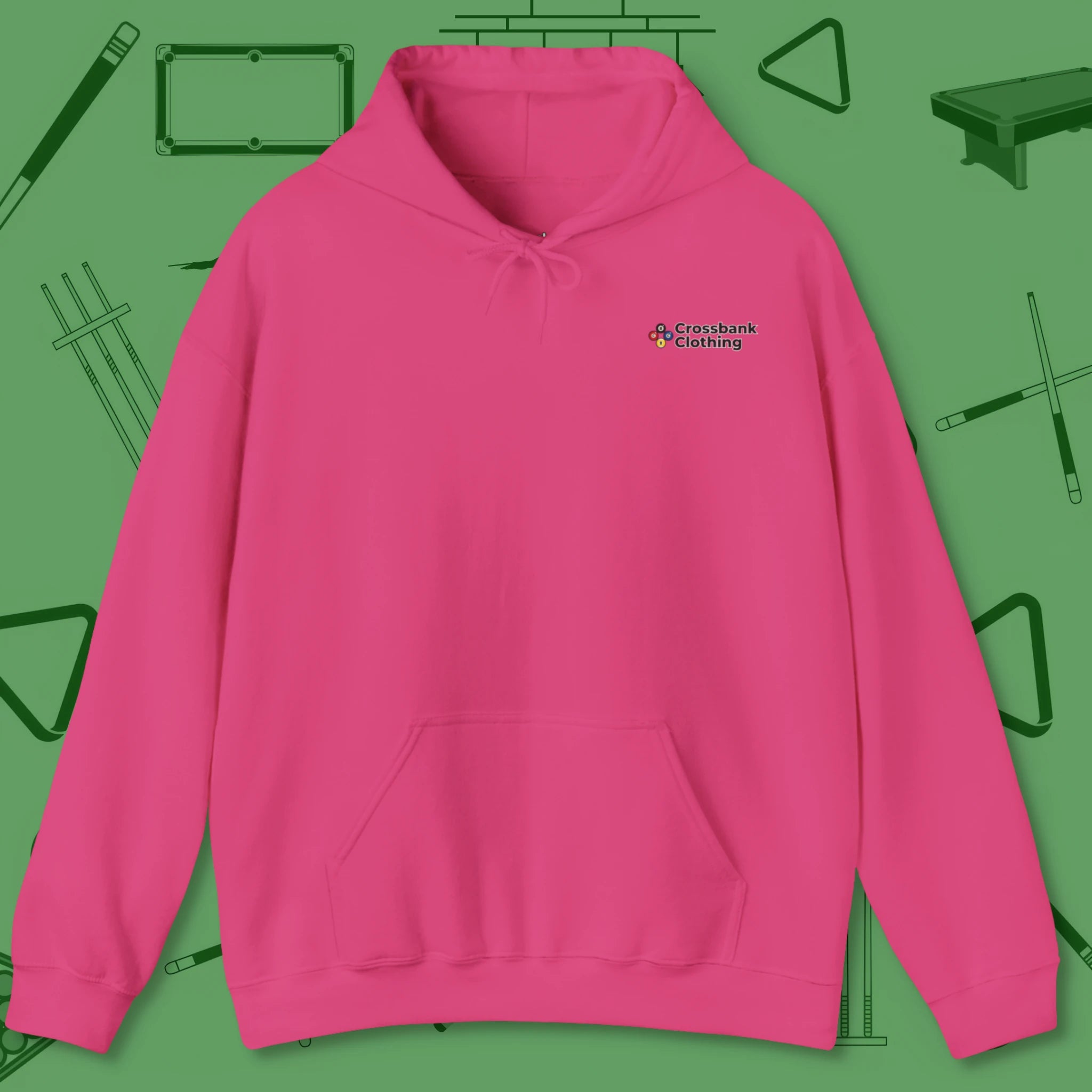 Ten Ball No Slop Billiards Hoodie, in Heliconia color, pool hoodie, front view