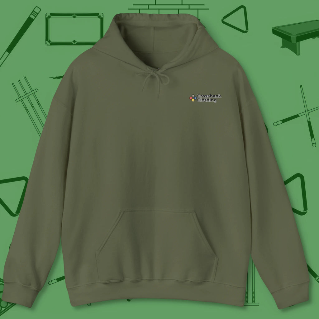 Ten Ball No Slop Billiards Hoodie, in Military Green color, pool hoodie, front view