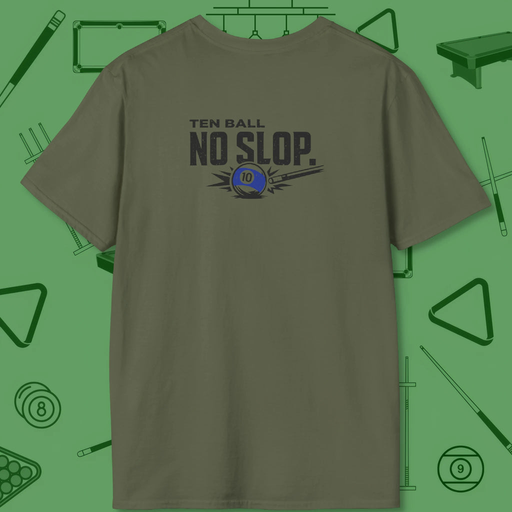 Ten Ball No Slop Billiards T-Shirt, in Military Green color, pool T-Shirt, back view