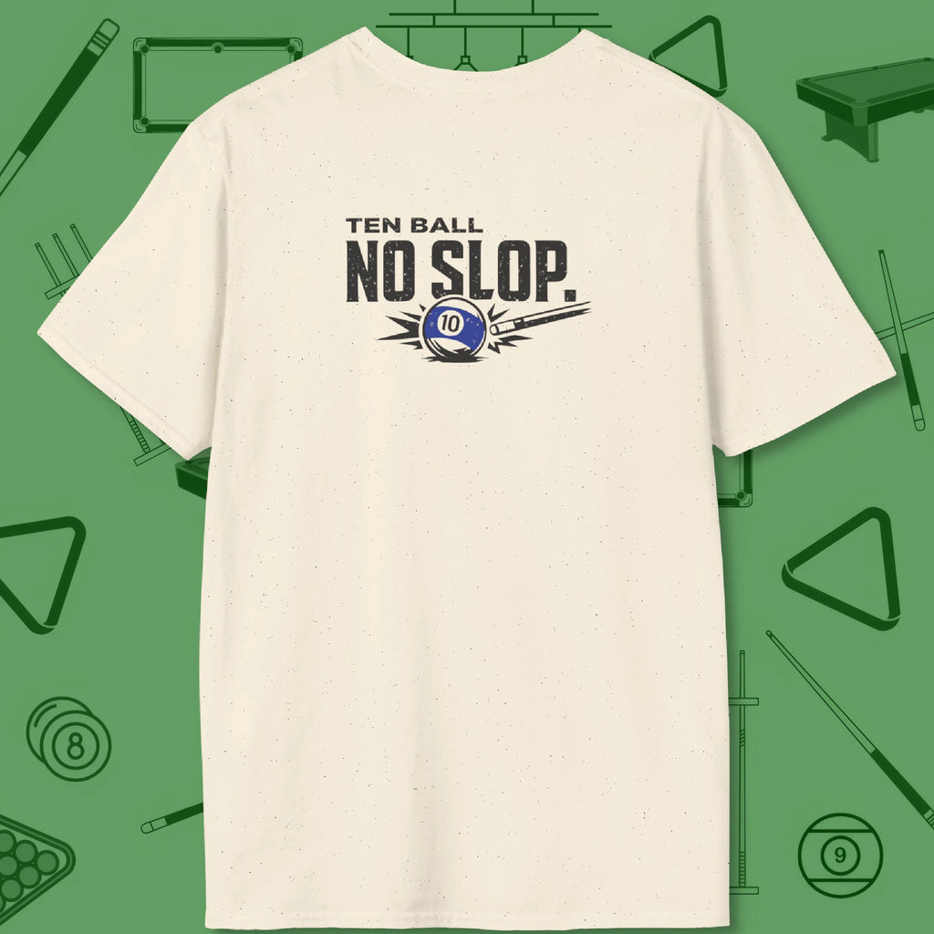 Ten Ball No Slop Billiards T-Shirt, in Natural color, pool T-Shirt, back view