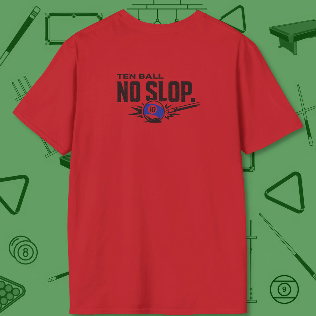 Ten Ball No Slop Billiards T-Shirt, in Red color, pool T-Shirt, back view