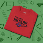 Ten Ball No Slop Billiards T-Shirt, folded view, in Red where style and cue discipline collide