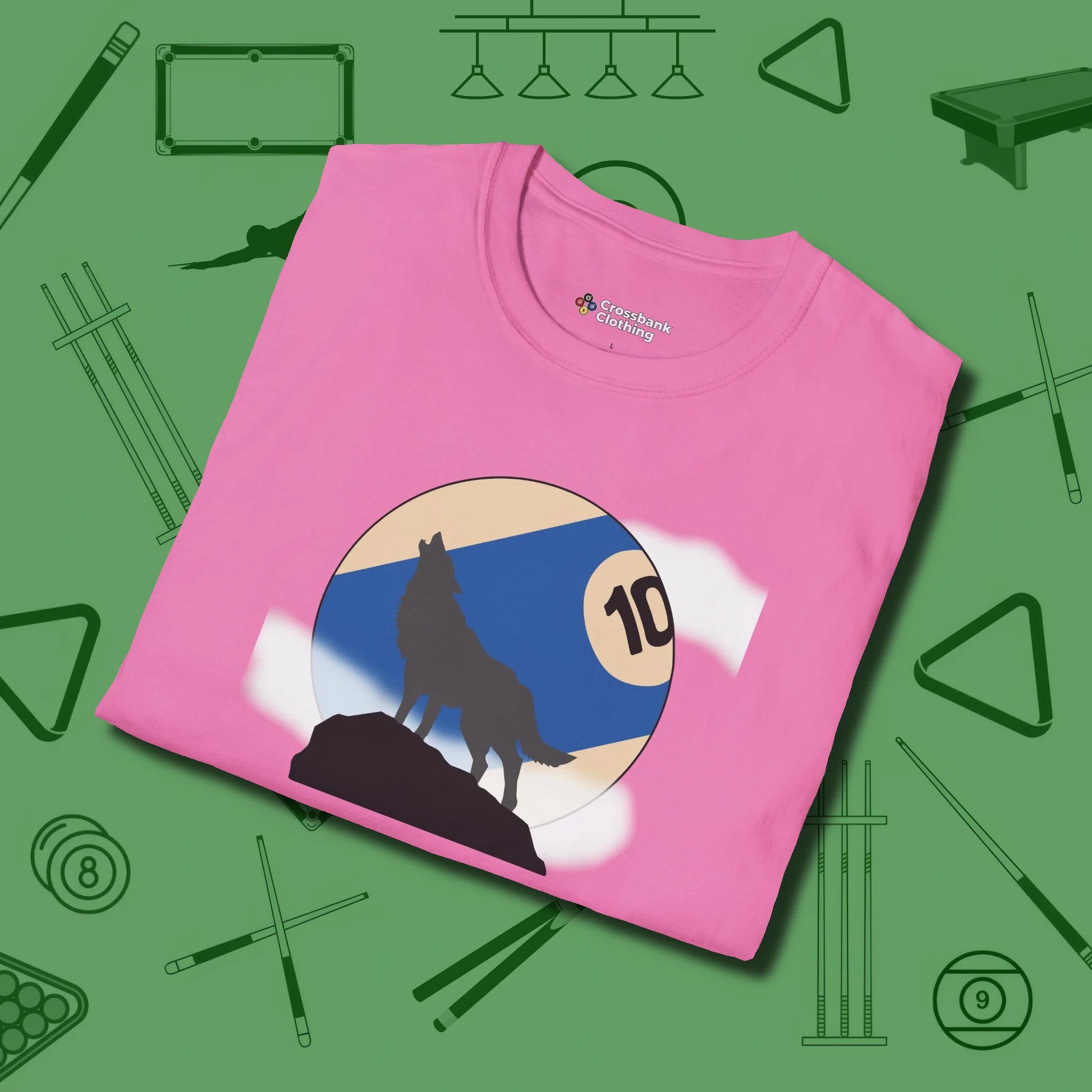 Ten Ball Wolf T-Shirt, folded view, in Azalea your go-to shirt for league night victories